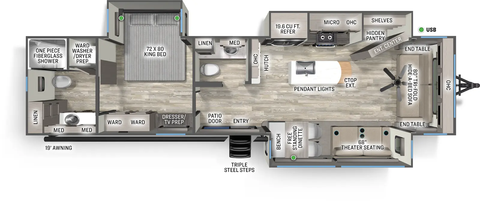 The Sandpiper Destination 389HBFL floorplan has one entry and three slide outs. Exterior features include: fiberglass exterior and 19' awning. Interiors features include: kitchen island, free-standing dinette option, front living, rear bathroom and bathroom and a half.